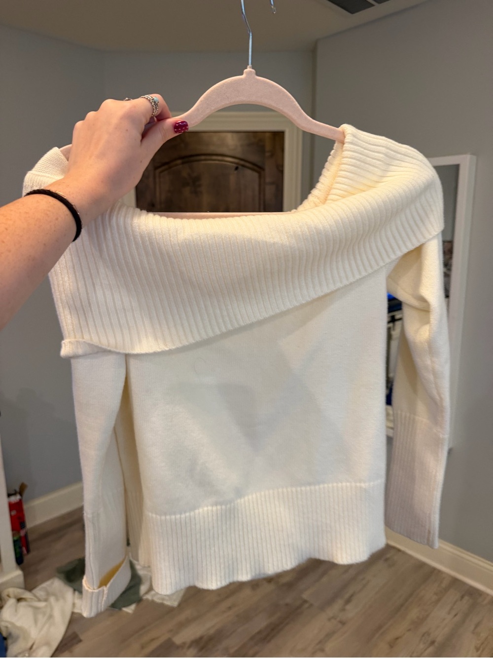 Amazon Off-the-Shoulder Cream Knit Sweater